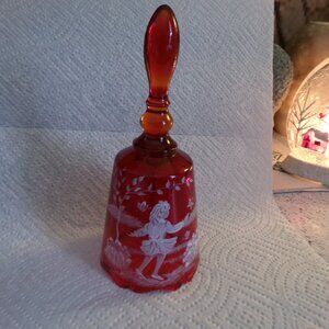 vintage Mary Gregory red glass bell .hand painted & signed